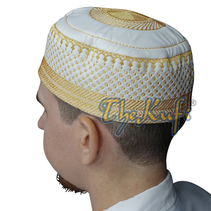 Light Cream Muslim Kufi Hat – Handcrafted Metallic Gold-Tone Thread Embroidery Thinly Padded Soft Prayer Cap – Topi Peci Taqiya Takke