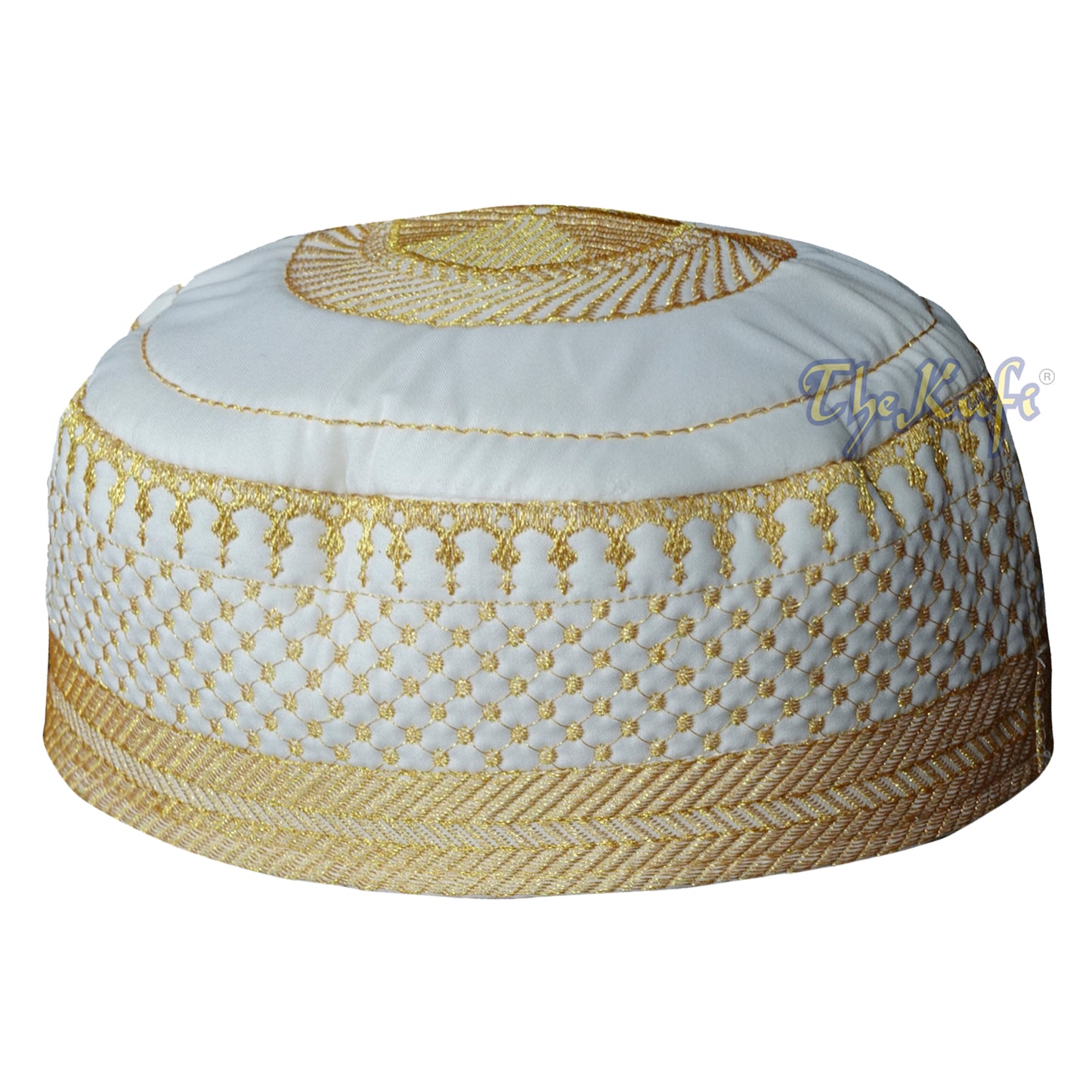 Topi Kufi Muslim Krem Muda - Bordir Benang Metalik Warna Emas Buatan Tangan Topi Sholat Lembut Berbantalan Tipis - Topi Peci Taqiya Takke
