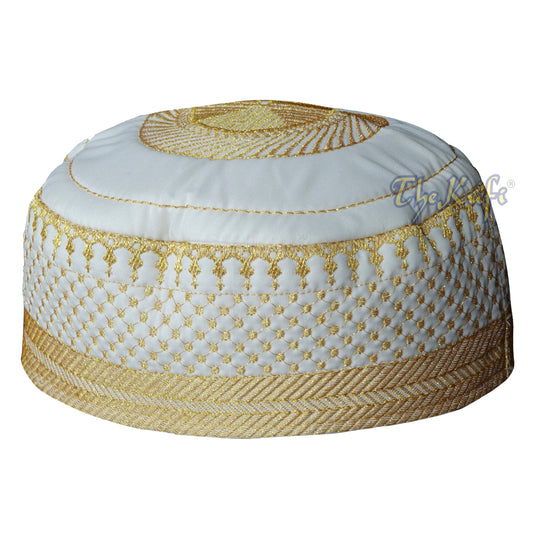 Light Cream Muslim Kufi Hat - Handcrafted Metallic Gold-Tone Thread Embroidery Thinly Padded Soft Prayer Cap - Topi Peci Taqiya Takke