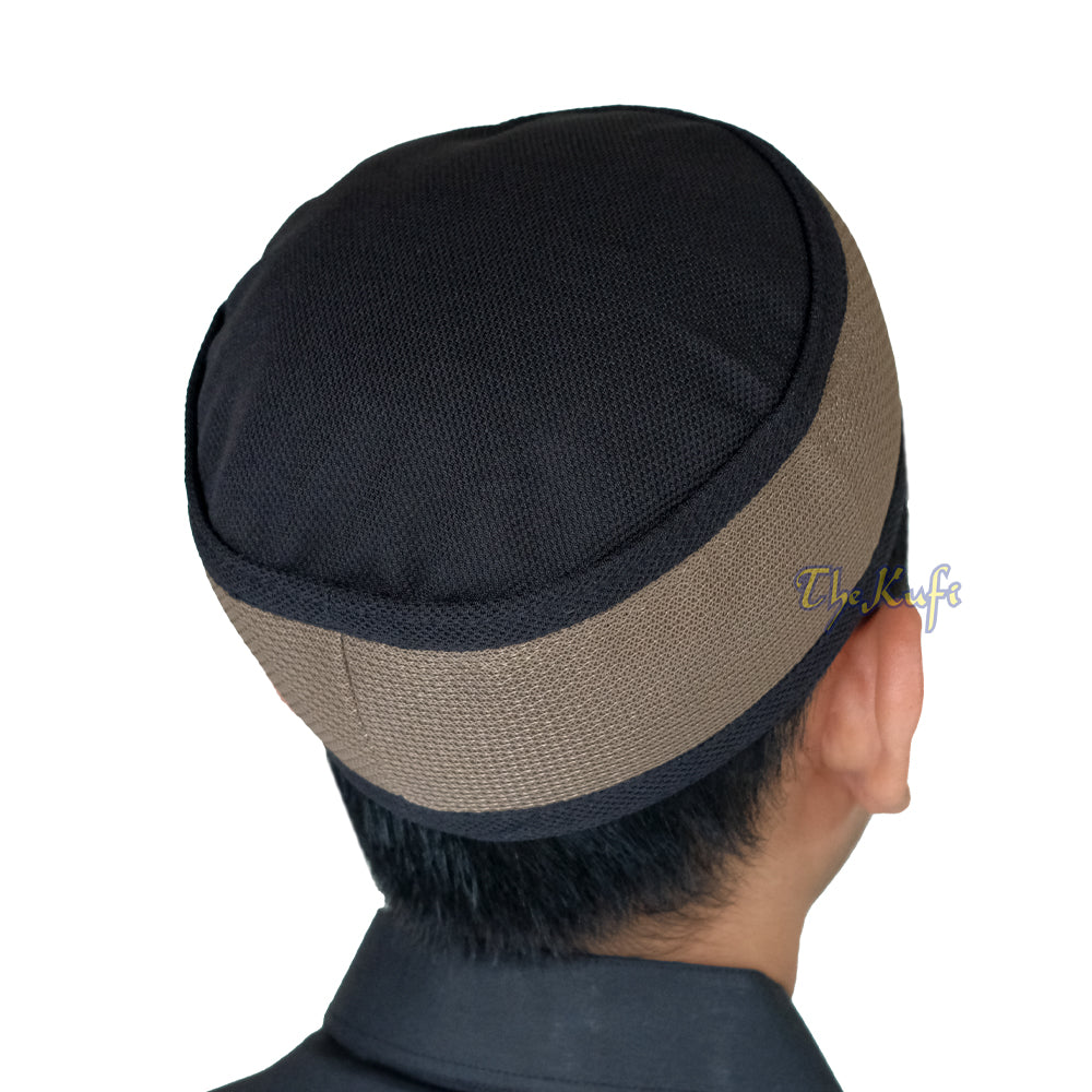 Black with Khaki Madun Vented Top Pliable Two-Color Round Kufi Hat