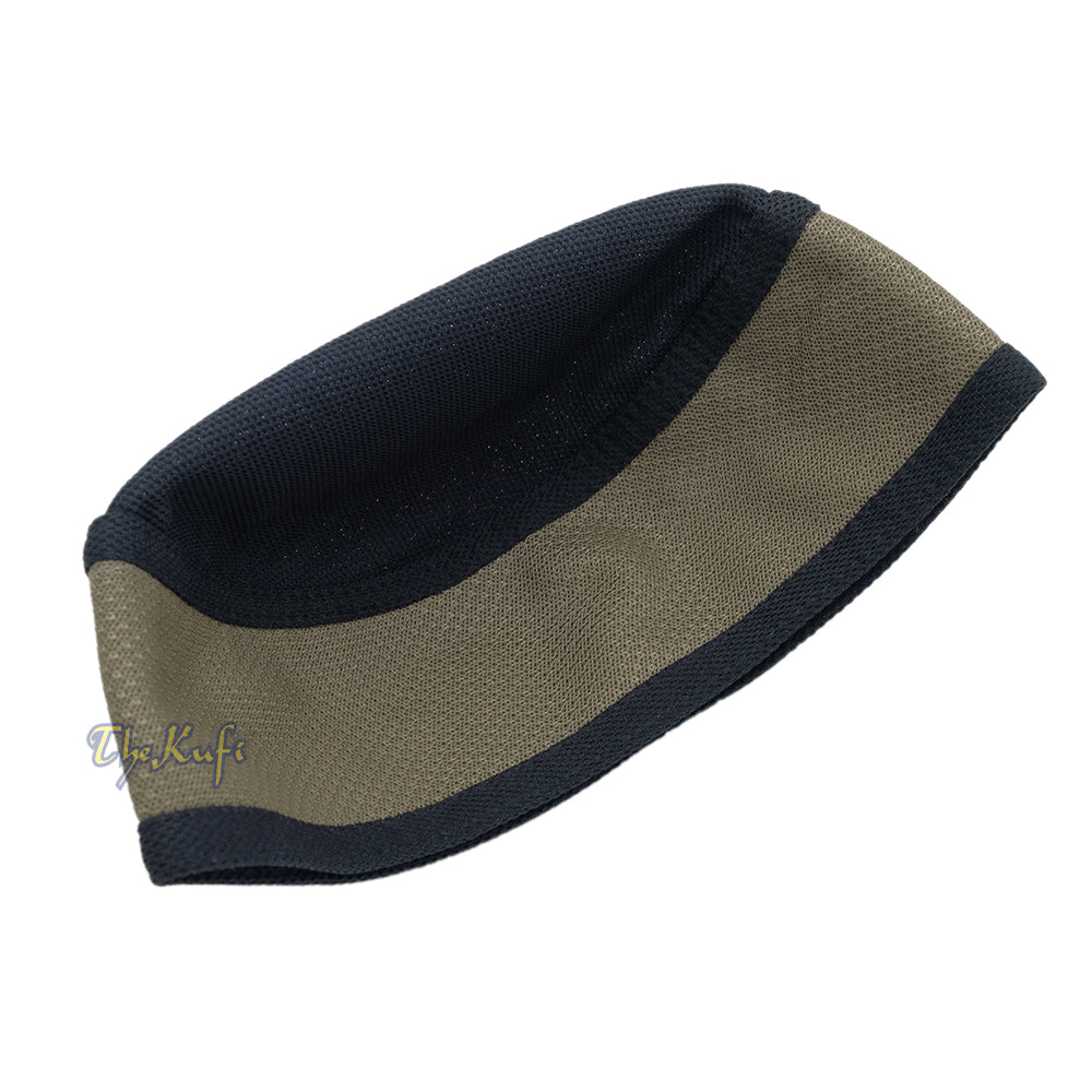 Black with Khaki Madun Vented Top Pliable Two-Color Round Kufi Hat