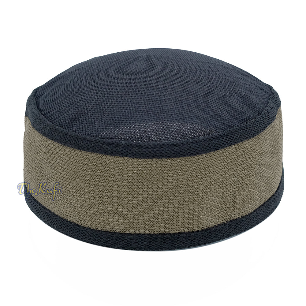 Black with Khaki Madun Vented Top Pliable Two-Color Round Kufi Hat