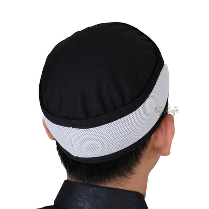 Topi Kufi Bulat Dua Warna Berlubang Atas Madun Hitam dan Abu-abu Muda yang Lentur