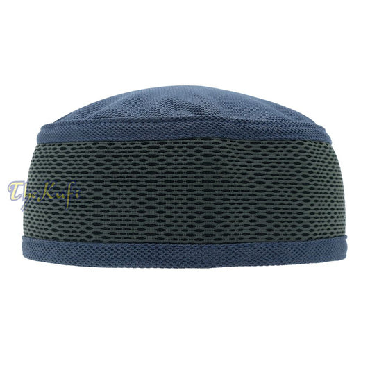 Blue and dark gray mesh Islamic kufi cap with breathable ventilated design from TheKufi.com.