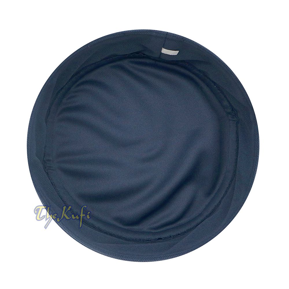 Blue and dark gray mesh Islamic kufi cap with breathable ventilated design from TheKufi.com.