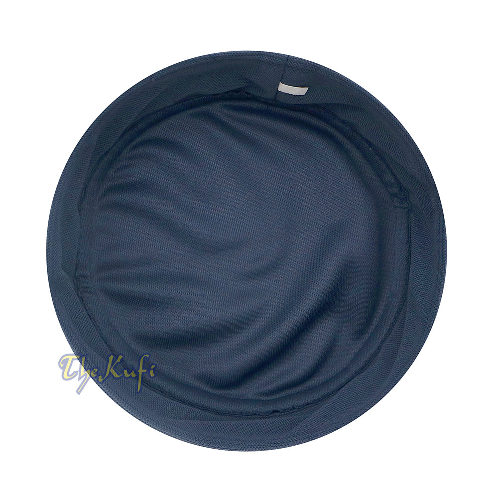 Blue and dark gray mesh Islamic kufi cap with breathable ventilated design from TheKufi.com.