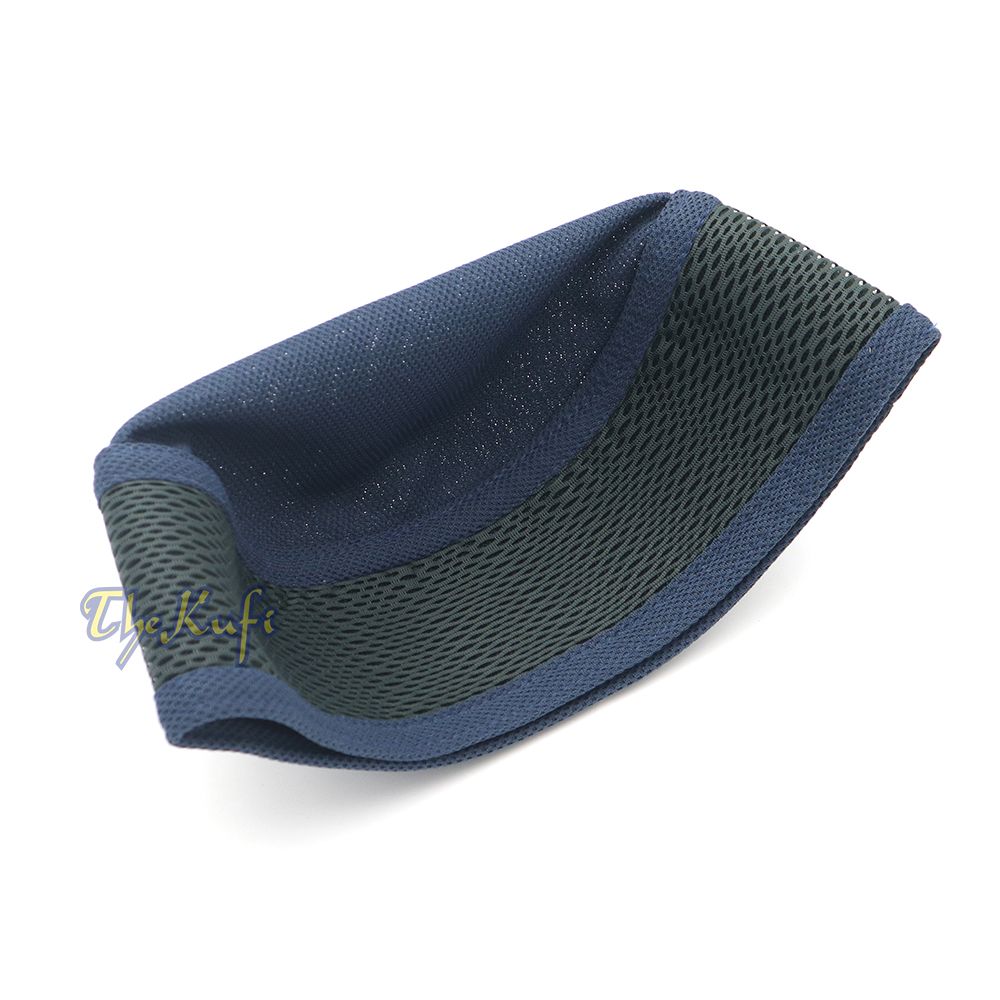 Blue and dark gray mesh Islamic kufi cap with breathable ventilated design from TheKufi.com.