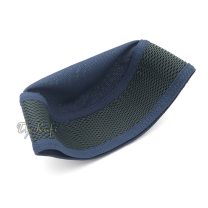 Blue and dark gray mesh Islamic kufi cap with breathable ventilated design from TheKufi.com.