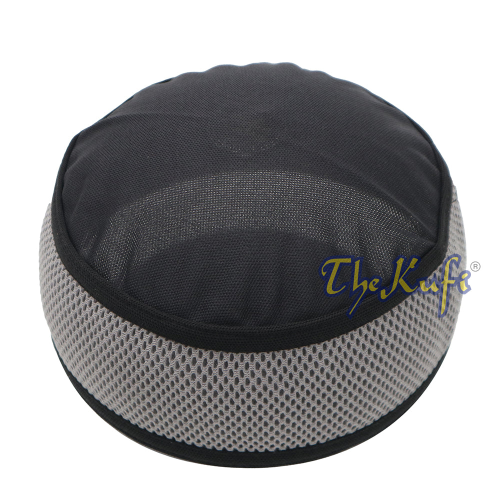 Topi Kufi Bulat Dua Warna Lentur Hitam dengan Madun Abu-abu Tua