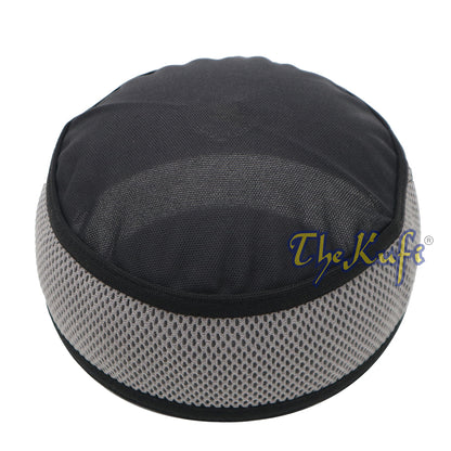 Topi Kufi Bulat Dua Warna Lentur Hitam dengan Madun Abu-abu Tua