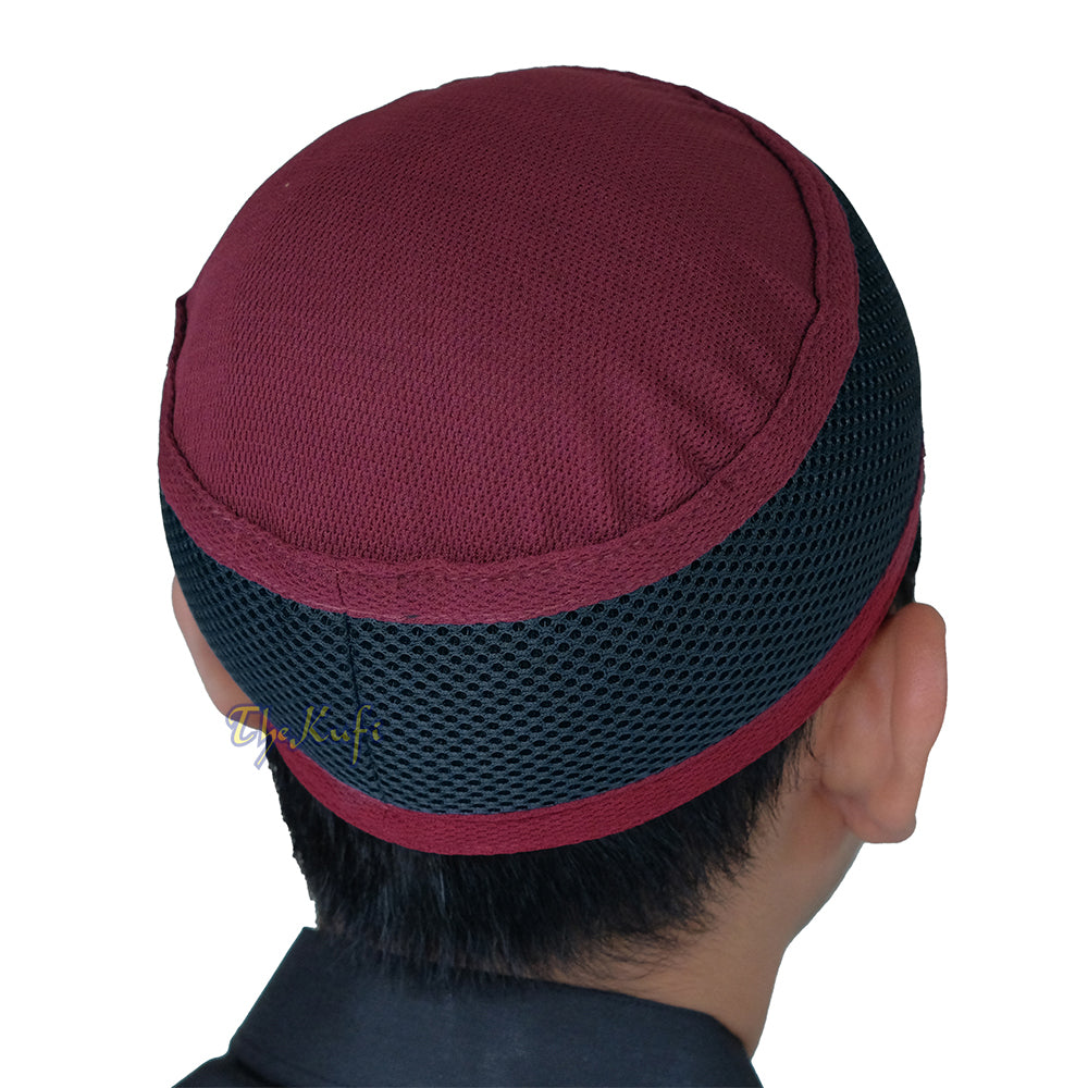 Maroon with Dark Grey Madun Vented Top Pliable Two-Color Round Kufi Hat