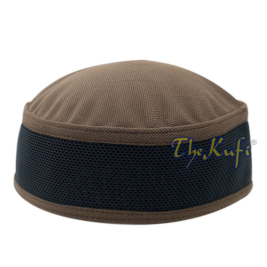 Brown and black mesh Islamic kufi cap with a breathable ventilated design from TheKufi.com.