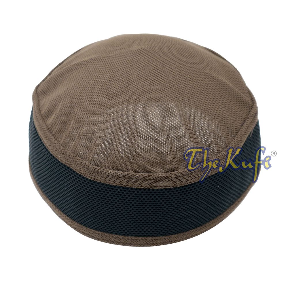 Brown and black mesh Islamic kufi cap with a breathable ventilated design from TheKufi.com.