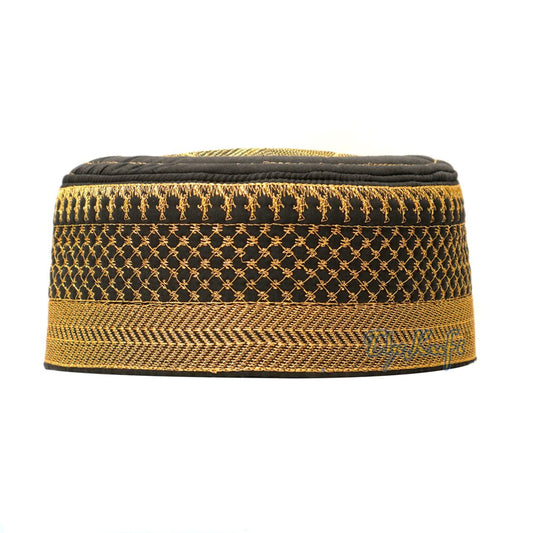 Topi Kufi Hitam dengan Sulaman Emas – Berlapis Benang Metalik gaya Afrika
 Solat Separa Kaku Cap Topi