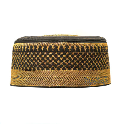 Black Kufi Hat With Gold Embroidery – African-Style Metallic Thread Padded
Semi-Stiff Prayer Cap Topi