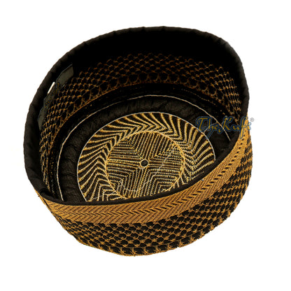 Black Kufi Hat With Gold Embroidery – African-Style Metallic Thread Padded
Semi-Stiff Prayer Cap Topi