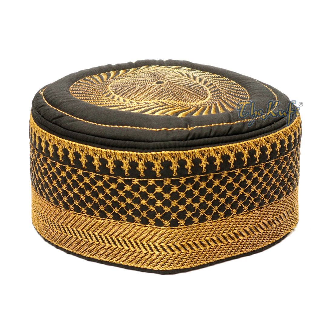 Black Kufi Hat with Gold Embroidery – African-style Metallic Thread Padded
Semi-stiff Prayer Cap Topi