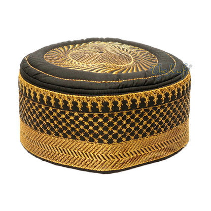 Black Kufi Hat With Gold Embroidery – African-Style Metallic Thread Padded
Semi-Stiff Prayer Cap Topi