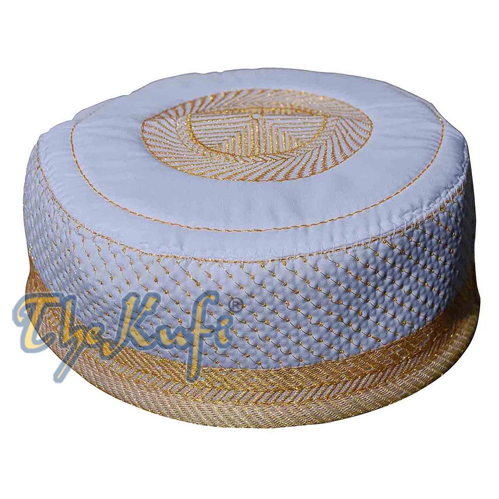 White Padded Hat with Gold Embroidery