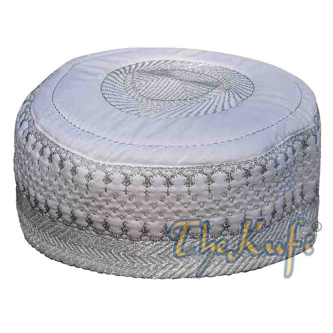 White Quilted Hat with Unique Silver Embroidery