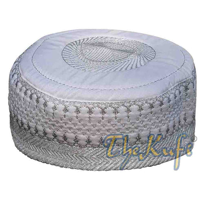 White Quilted Hat With Unique Silver Embroidery