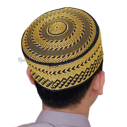 Gold Embroidery Bugis Kufi Hat - Arrow Triangle Design Rigid Muslim Fashion Cap