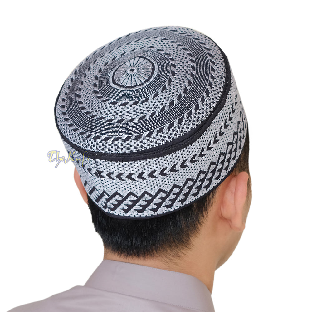 SIlver Embroidery Bugis Kufi Hat – Arrow Diamond Design Rigid Muslim Fashion Cap