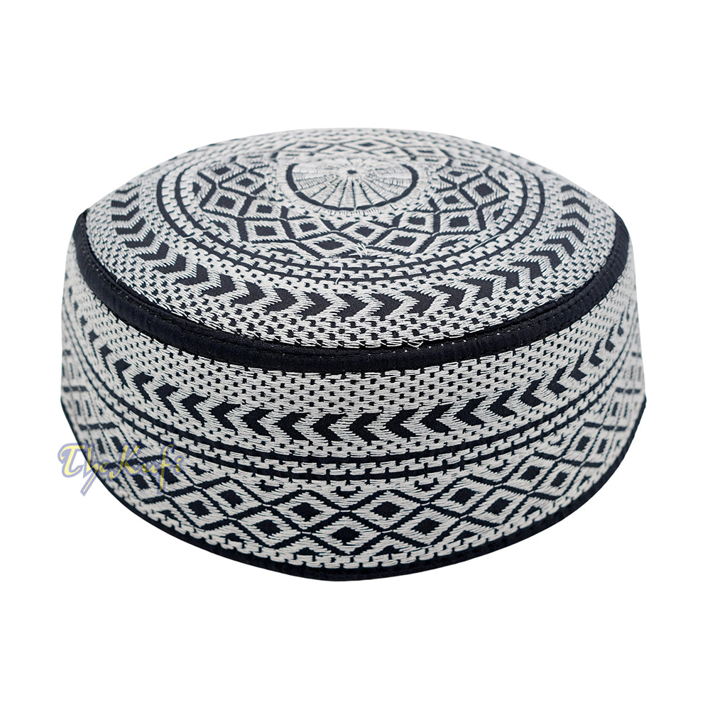 SIlver Embroidery Bugis Kufi Hat – Arrow Diamond Design Rigid Muslim Fashion Cap