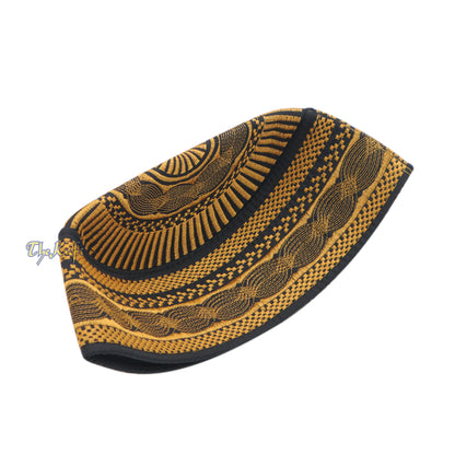 Black Gold-Tone Embroidery Rigid Bugis Indonesian Muslim Peci Islamic Kufi Cap Hat