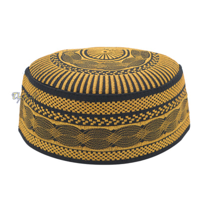 Black Gold-Tone Embroidery Rigid Bugis Indonesian Muslim Peci Islamic Kufi Cap Hat