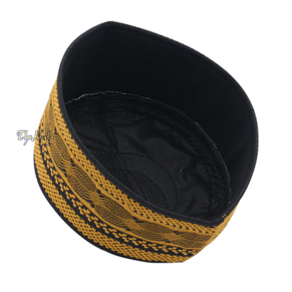 Black Gold-Tone Embroidery Rigid Bugis Indonesian Muslim Peci Islamic Kufi Cap Hat