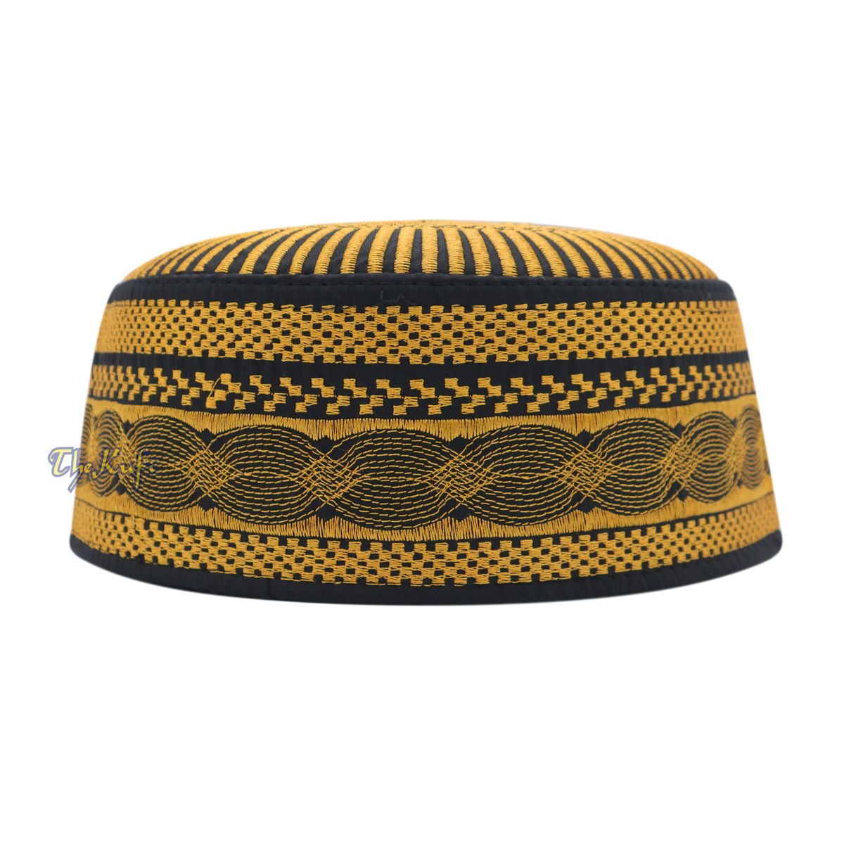 Black Gold-Tone Embroidery Rigid Bugis Indonesian Muslim Peci Islamic Kufi Cap Hat