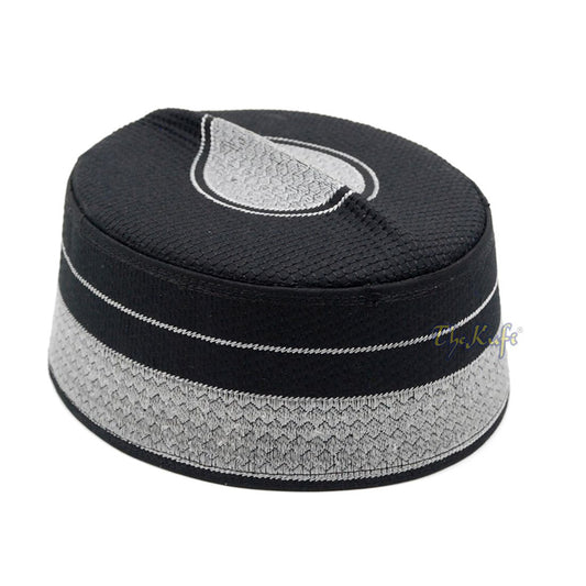 Black Silver-tone Embroidery Rigid Bugis Indonesian Muslim Peci Islamic Kufi Cap Hat