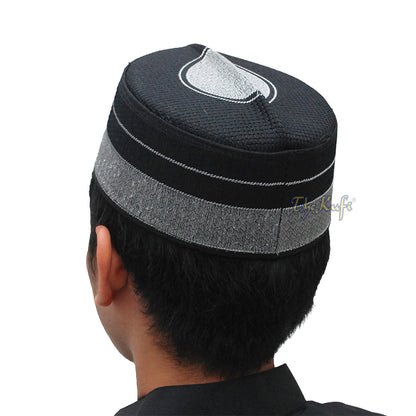 Black Silver-Tone Embroidery Rigid Bugis Indonesian Muslim Peci Islamic Kufi Cap Hat