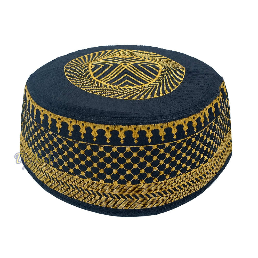 Rigid round metallic Gold Black Kufi