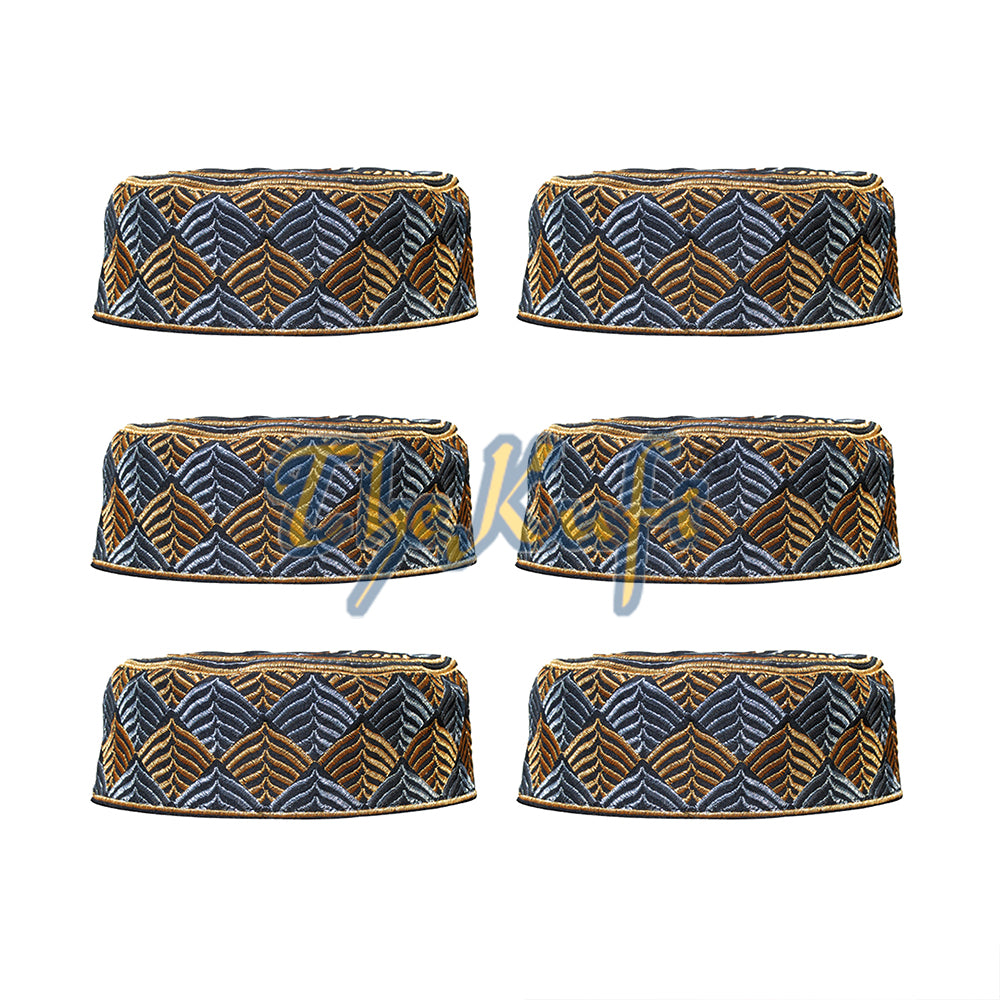 Set Of 6 Semi-Rigid Black With Gold With Silver Leaf Design Kufi