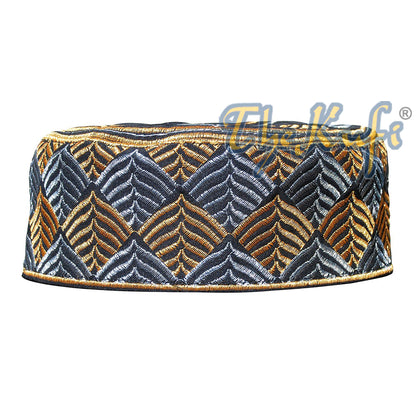 Semi-Rigid Black With Gold And Silver Leaf Design Kufi