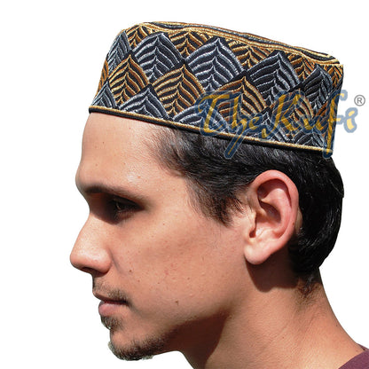 Semi-Rigid Black With Gold And Silver Leaf Design Kufi