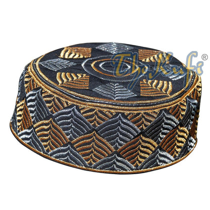 African Kufi Hat – Black with Gold and Silver Leaf Semi-Rigid Design
