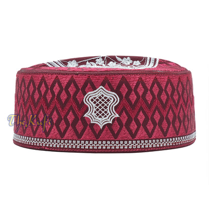 Burgundy & White Assagofah Embroidered Sandal Diamond Design Creased-Top Oval Nalain Rigid Kufi Hat