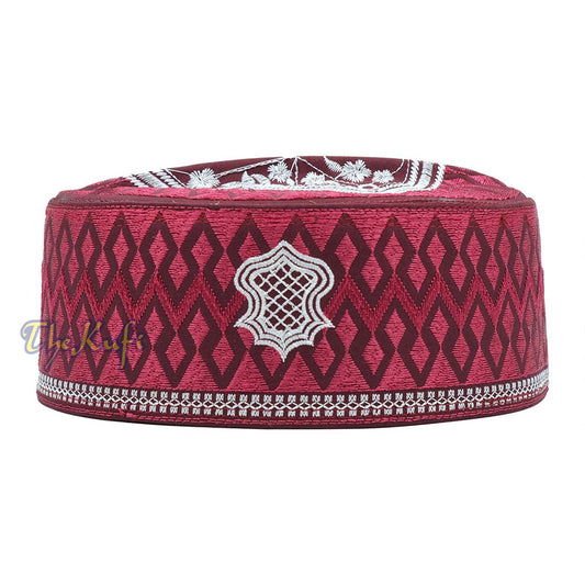Burgundy & White Assagofah Embroidered Sandal Diamond Design Creased-Top Oval Nalain Rigid Kufi Hat