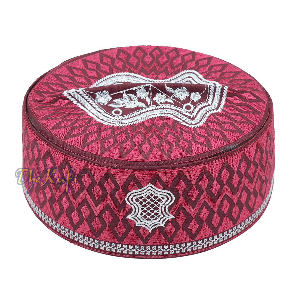 Burgundy & White Assagofah Embroidered Sandal Diamond Design Creased-Top Oval Nalain Rigid Kufi Hat