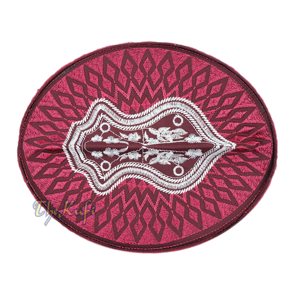 Burgundy & White Assagofah Embroidered Sandal Diamond Design Creased-Top Oval Nalain Rigid Kufi Hat