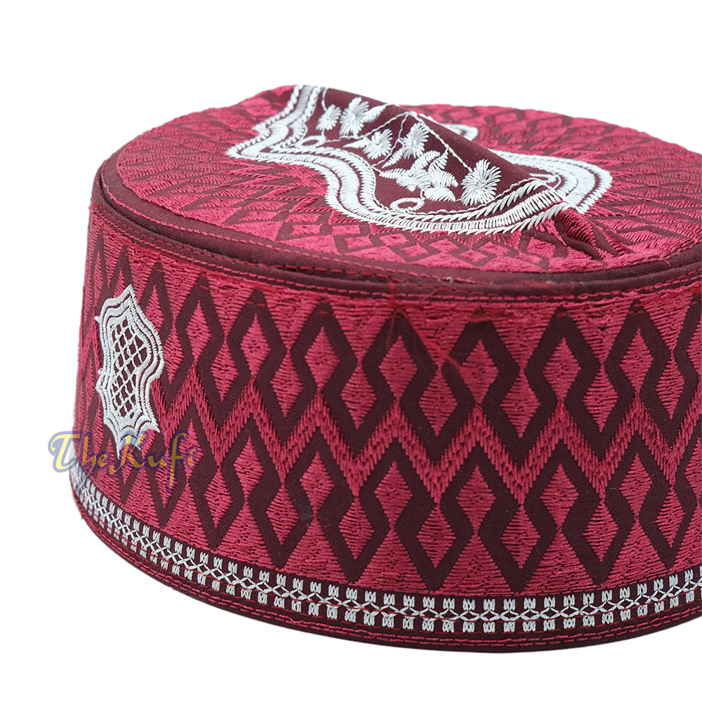 Burgundy & White Assagofah Embroidered Sandal Diamond Design Creased-Top Oval Nalain Rigid Kufi Hat