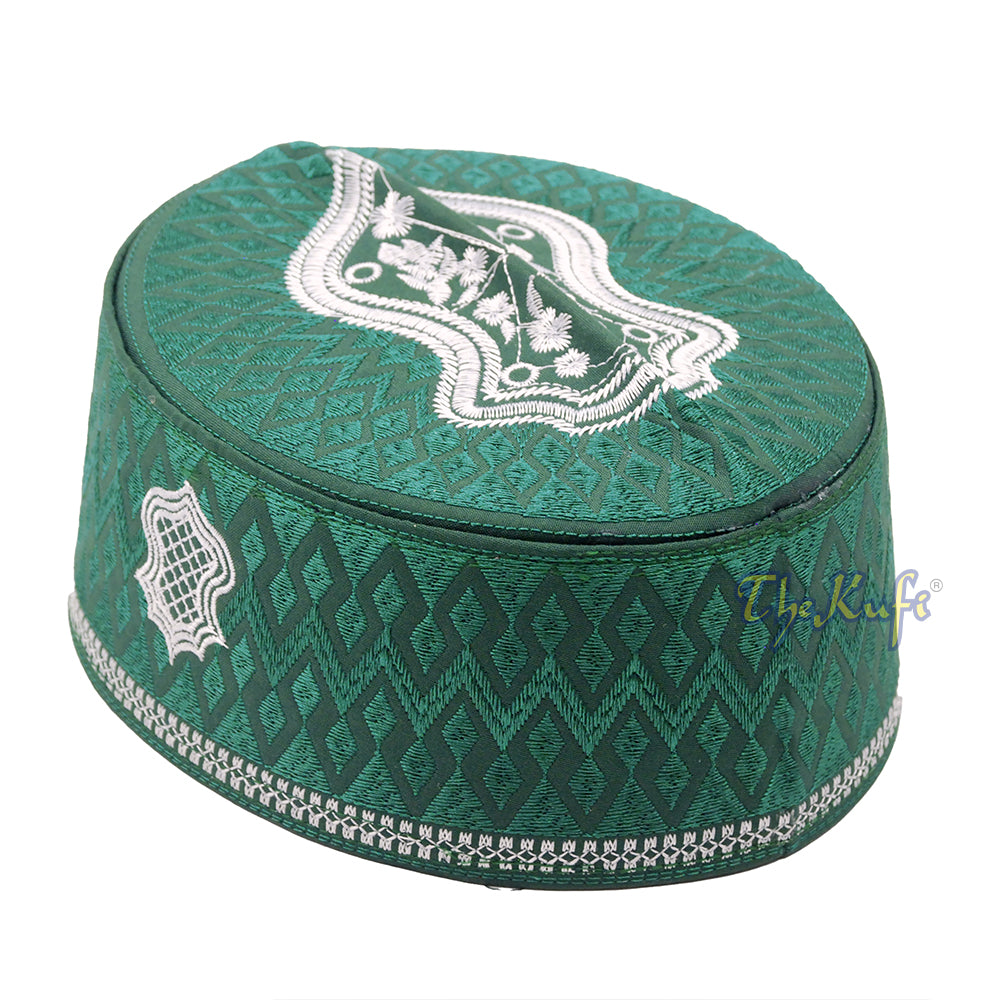 Medina Green & White Assagofah Embroidered Sandal Diamond Design Creased-Top Oval Nalain Rigid Kufi Hat