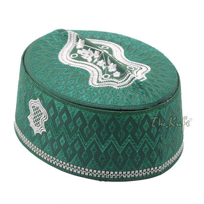 Medina Green & White Assagofah Embroidered Sandal Diamond Design Creased-Top Oval Nalain Rigid Kufi Hat