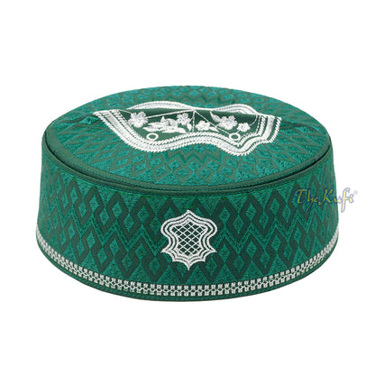 Medina Green & White Assagofah Embroidered Sandal Diamond Design Creased-Top Oval Nalain Rigid Kufi Hat