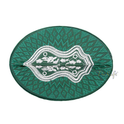 Medina Green & White Assagofah Embroidered Sandal Diamond Design Creased-Top Oval Nalain Rigid Kufi Hat