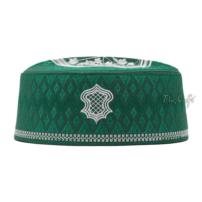 Medina Green & White Assagofah Embroidered Sandal Diamond Design Creased-Top Oval Nalain Rigid Kufi Hat