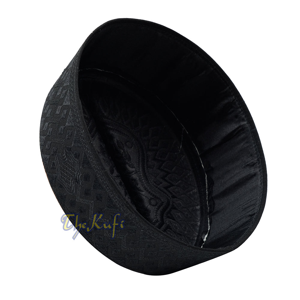 Black & Black Assagofah Embroidered Sandal Diamond Design Creased-Top Oval Nalain Rigid Kufi Hat